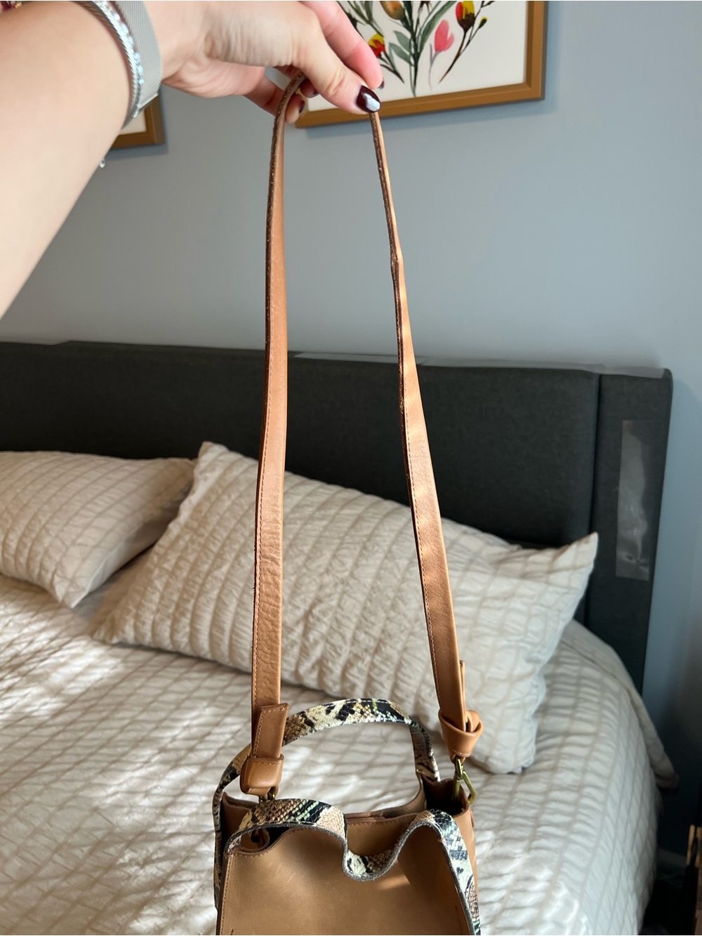 Madewell Tan Leather Shoulder Bag with Snake Trim